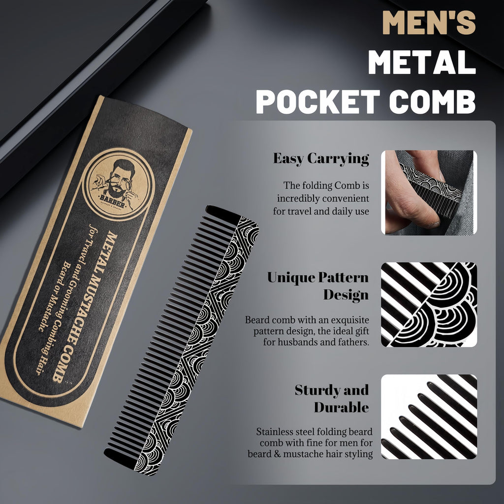 Metal Beard & Mustache Comb - Pocket Comb with 3D Pattern Design, Fine & Wide Teeth for Precise Styling - Durable, Compact, Travel-Friendly Grooming Tool for Facial Hair Care (4.65inch) - Cloud