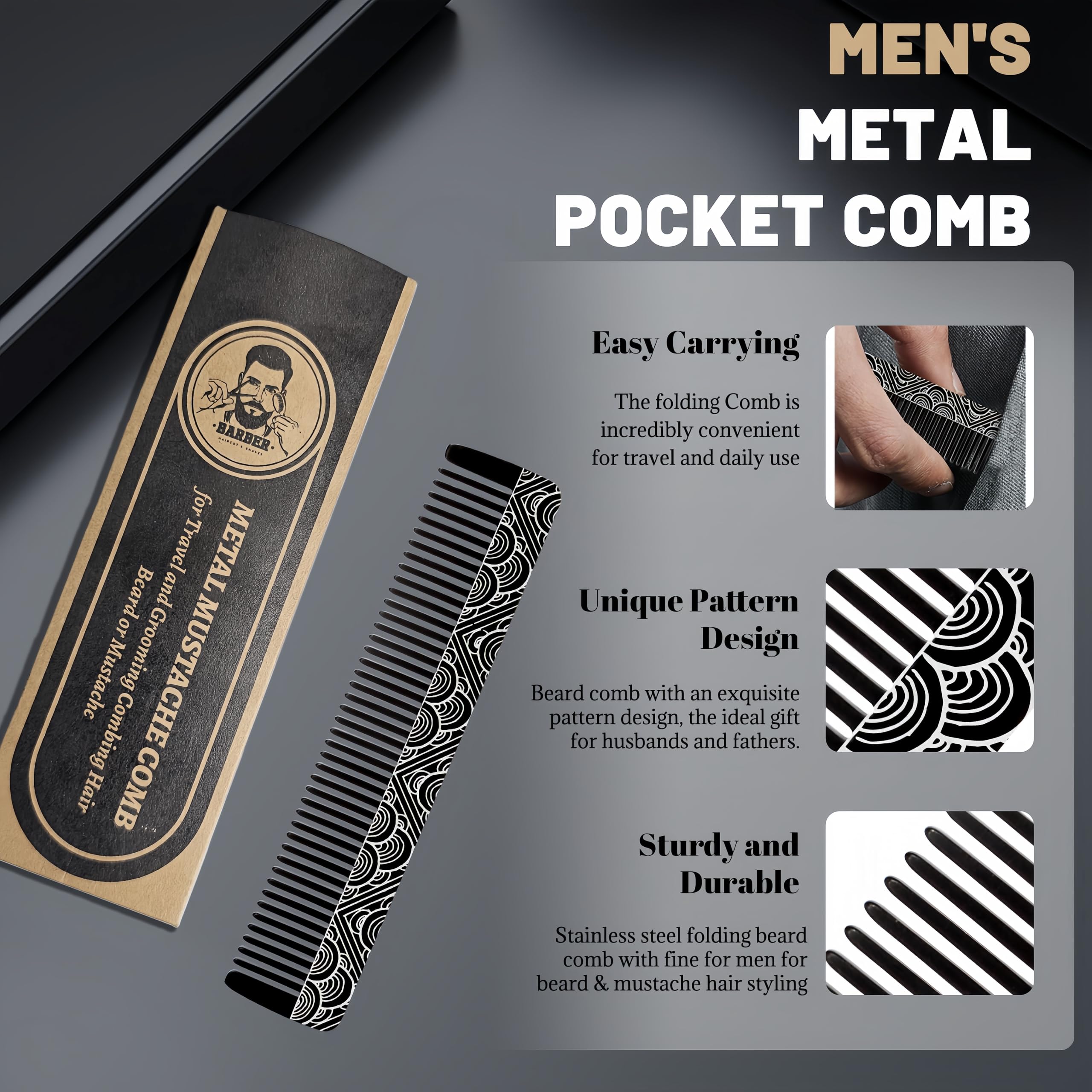 Metal Beard & Mustache Comb - Pocket Comb with 3D Pattern Design, Fine & Wide Teeth for Precise Styling - Durable, Compact, Travel-Friendly Grooming Tool for Facial Hair Care (4.65inch) - Cloud