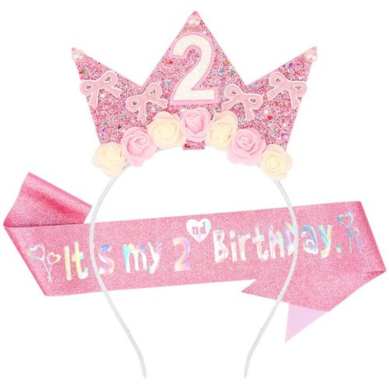 SuPoo 2nd Birthday Sash and Headband Flower 2nd Birthday Decorations for Girl Pink Bow Crown for Girls 2 Sash Princess Tiara Glitter Hair Band 2 Year Old Party Decorations Outfit Gift