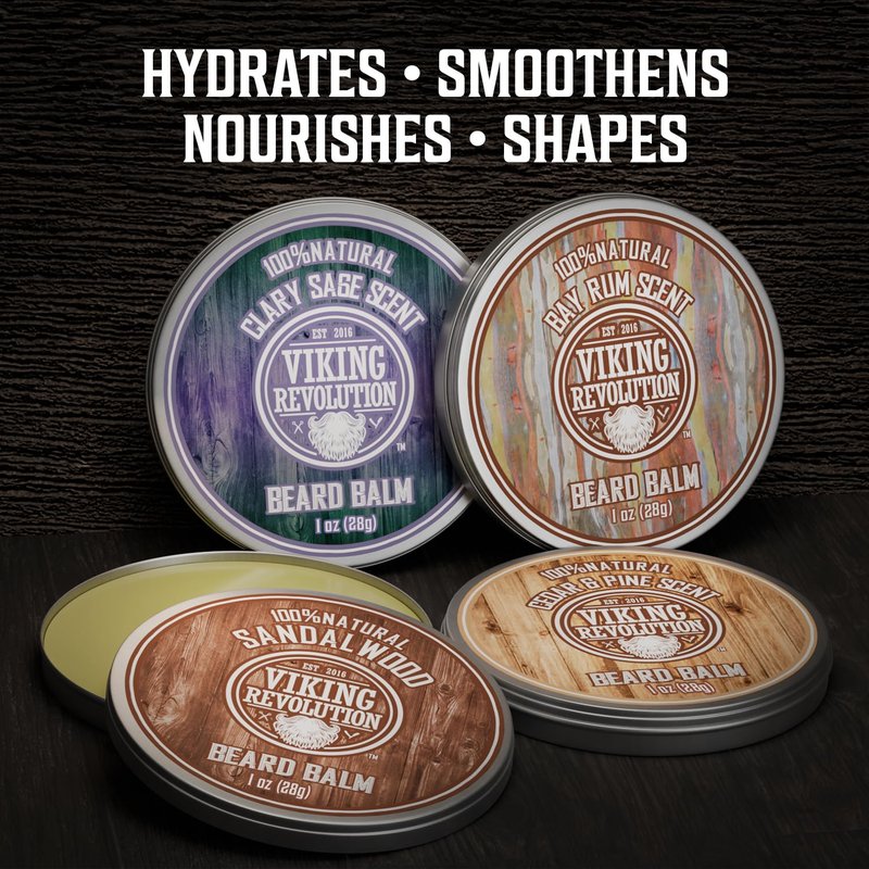 Viking Revolution Beard Balm Variety Pack - Styles, Strengthens & Softens | 1oz Each - Sandalwood, Pine & Cedar, Bay Rum, Clary Sage
