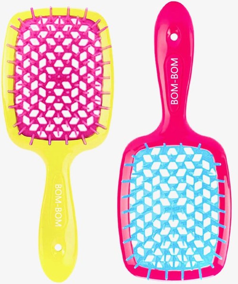 BOM BOM 2 Unit Kit, Wet And Dry Vented Detangling Hair Brush For All Hair Types, Light Weight Hairbrush, Scalp Massage Brush (Pink blue yellow)