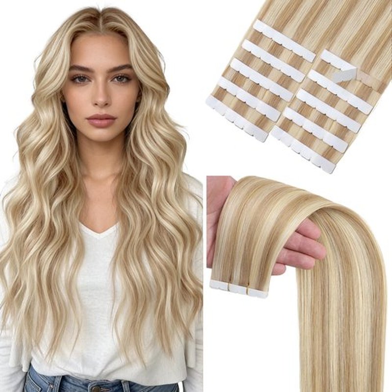Lacer Mini Tape in Hair Extensions Human Hair Ash Blonde Mixed Light Blonde Seamless Skin Weft DIY Long 40 G Remy Human Hair Tape in Hair Extensions 16 Inch 10 Pcs/Pack Soft Natural Straight