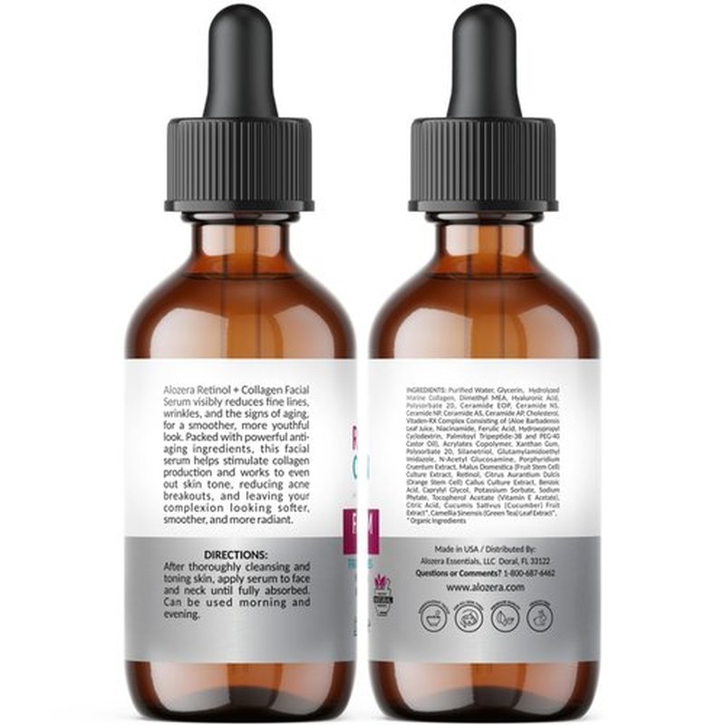 Alozera Retinol Collagen Serum for Face with Plant Stem Cell & Peptides, Anti Aging Facial Serum for Fine Lines & Wrinkles, Tighter & Firmer Skin, Fast-Absorbing, Non-Greasy, Day & Night Serum
