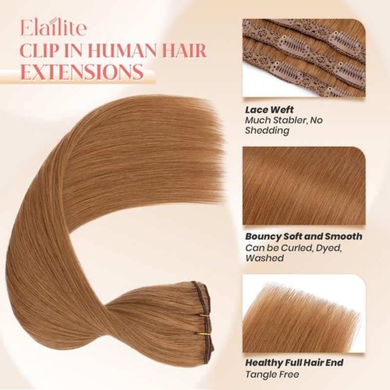 Elailite Clip in Hair Extensions Real Human Hair 3PCS Lace Weft Remy Hairpieces for Women 14 Inch 66g Light Auburn