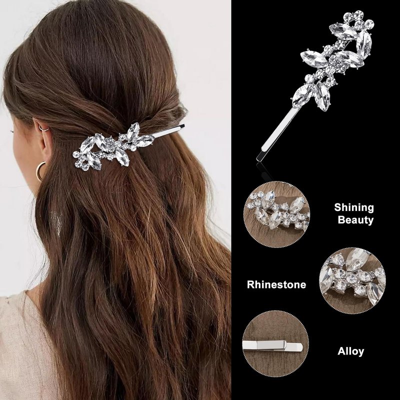 YONOY 4Pcs Rhinestone Hair Barrettes for Women Leaf Wedding Hair Pins Crystal Bobby Pins Silver Bridal Hairpin Clips for Brides Bridesmaids Flower Girls