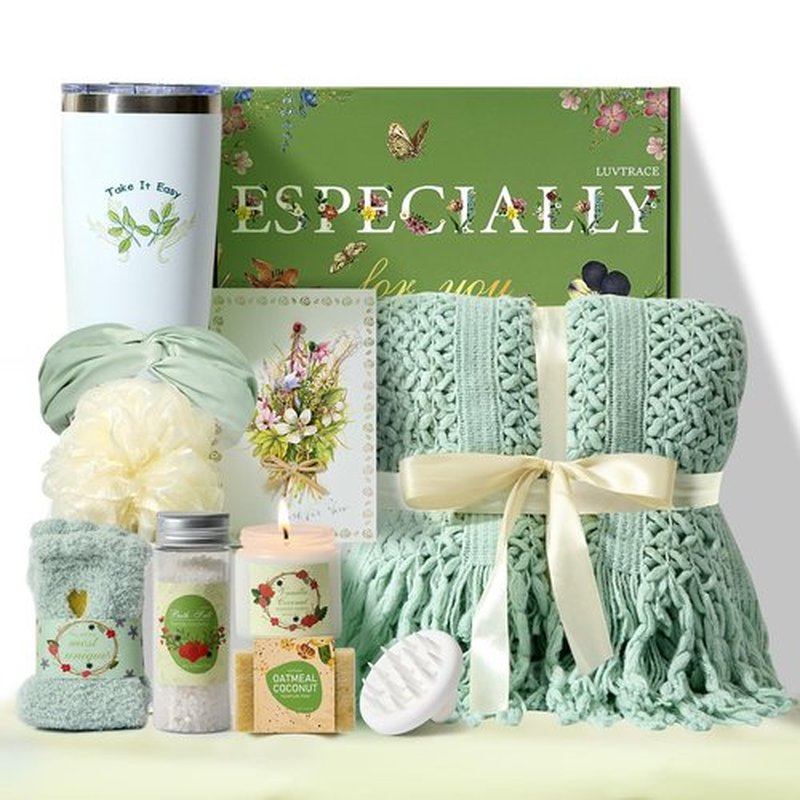 LUVTRACE Self Care Gifts for Women Spa Gift Baske Box with Blanket, Candle, Bath Salt & Tumbler — Birthday, Get Well Soon, Thinking of You, Valentine’s Day Mother’s Day Best Friend Birthday