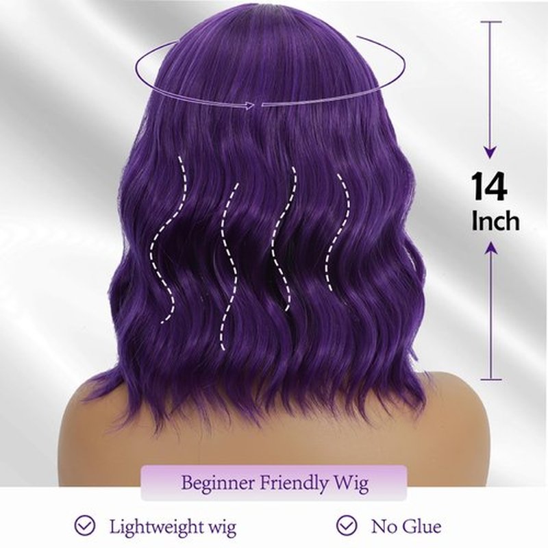 Mxayhnajxl Dark Purple Wigs with Bangs for Women 14 Inch Short Wavy Bob Wigs Synthetic Bob Wig Curly Wig Heat Resistant Colorful Wavy Wig Cosplay Wigs For Daily Party Halloween
