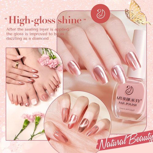 AZUREBEAUTY Cat Eye Nail Polish Set, 4 Colors Magnetic Nude Jelly Glitter Quick Air Dry Non Gel Natural Fingernail Lacquer Strengthening Treatment Kit with Top Coat DIY Salon at Home