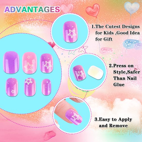 JANYUN 192Pcs Fake Stick on Nails for Kids Pre-glue Full Cover Short False Nail Tips Stick on Nails for Kids Children Lovely Gift Girls Nail Art Decoration