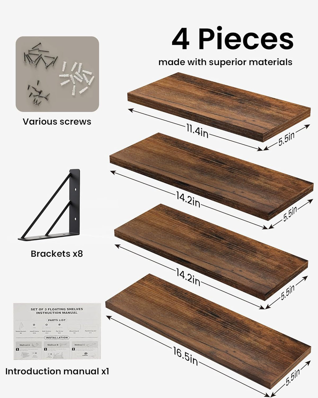 BAYKA Floating Wall Shelves - Rustic Wood Bathroom & Living Room Decor | Set of 4 in Rustic Brown