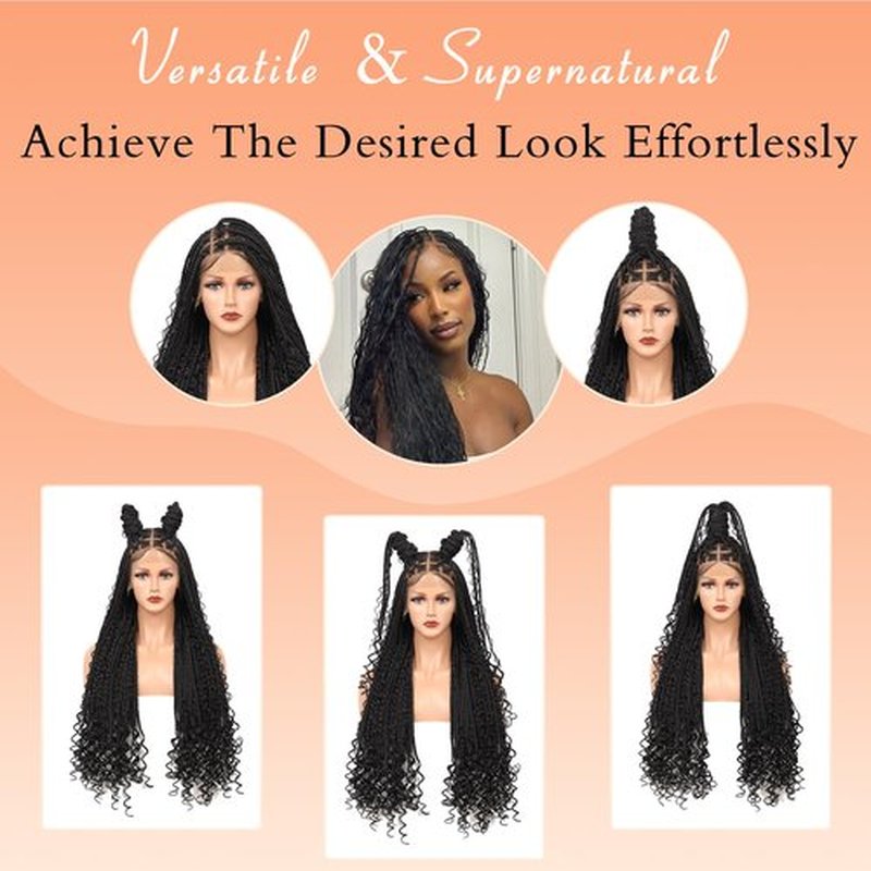 Brinbea Knotless Boho Braided Wigs 13x8'' HD Lace Front Braided Wigs for Women Box Braid Wig with Baby Hair Black Long Premium Synthetic Braided Lace Front Wigs 36 Inch