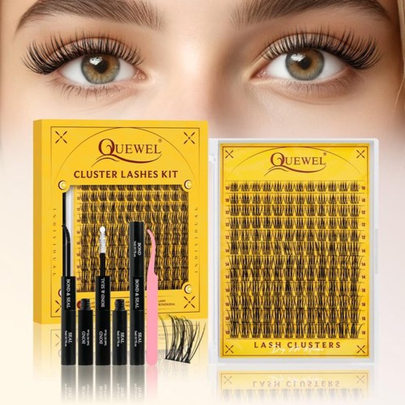 QUEWEL Lash Clusters Kit, 144PCS Natural Lash Custers with Lash Bond and Seal, C Curl Wispy Cluster Lashes Natural Look with Thin Band Easy to use for Beginners (DJ-FD-A）