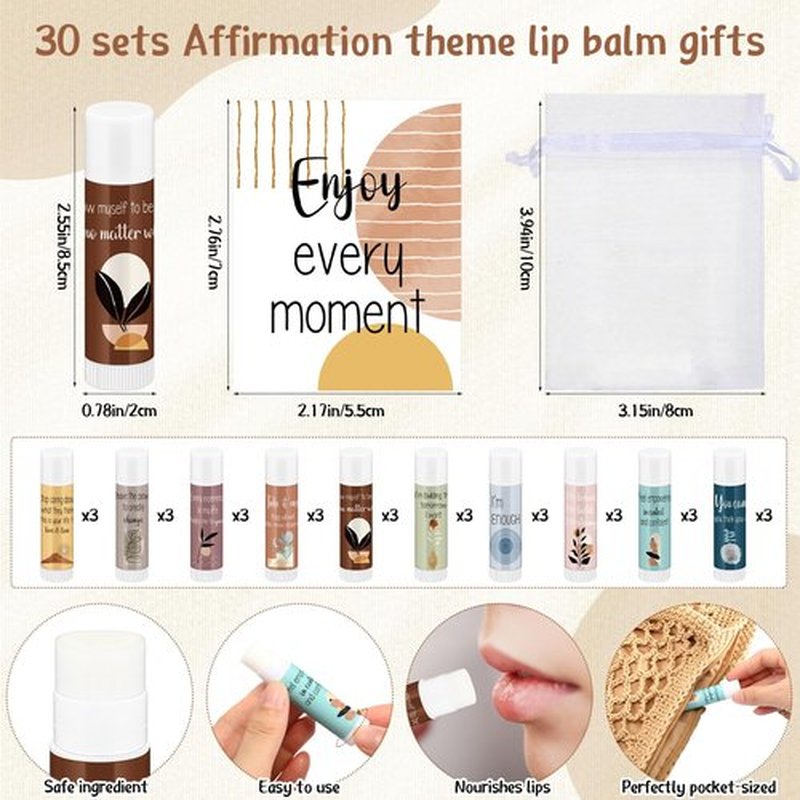Leelosp 30 Sets Christmas Thank You Gift Lip Balm Bulk, Positive Affirmation Gifts Set with Positive Daily Affirmation Cards, Inspirational Appreciation Gift for Stocking Stuffers