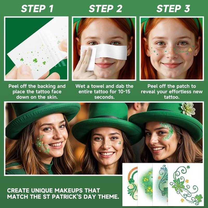 EMOME St Patrick Day Accessories, St Patrick's Day Glitter Shamrock Face Tattoo with Green Face Gems and Faux Freckles, Saint Patrick's Day Makeup Art Decorations Gift for Women