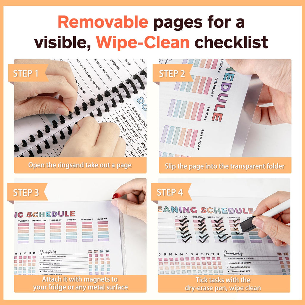 ADHD Cleaning Planner, Dry-Erase Sleeve + Paper Pages, Removable Ring Binder, Daily,Weekly,Monthly Plans, Cleaning Schedule and Checklist, ADHD Planner for Adults Women
