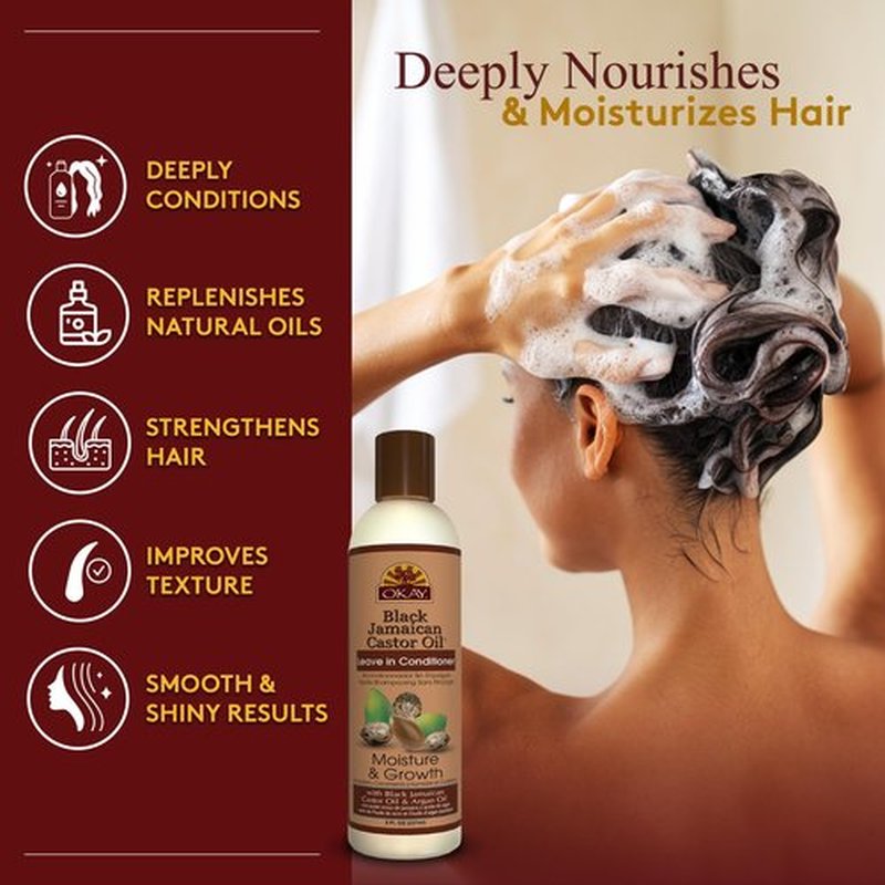 OKAY Black Jamaican Castor Oil Leave In Conditioner - Hair Moisturizer For Women And Men, Natural Hair Product For Hair Growth, Curly Hair Grease For Smooth, Moisturized Hair - 8 Fl Oz (2 Pack)