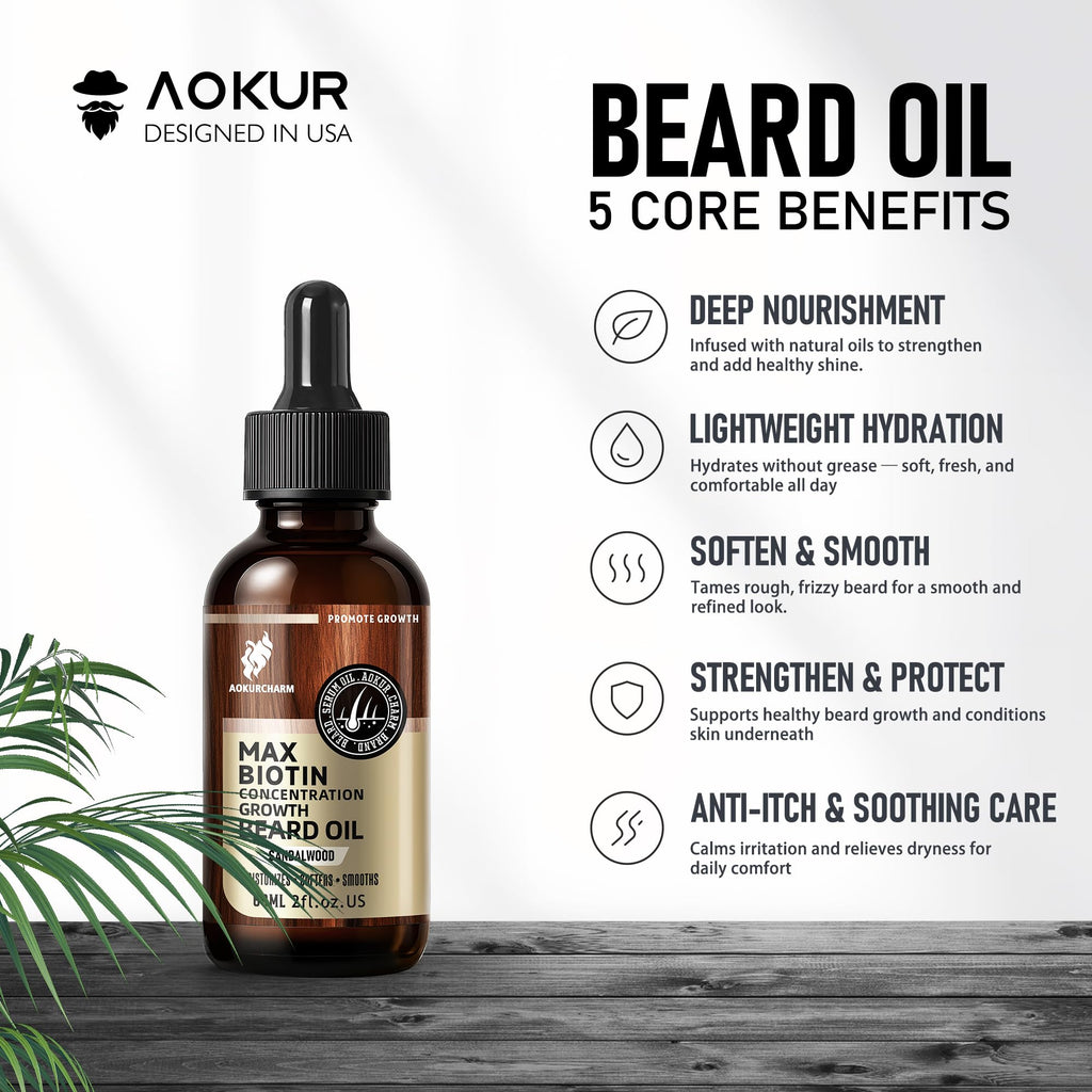 aokur Biotin Beard Growth Oil for Men - Vitamin B5 & Castor Oil Formula, Nourish & Thicken Facial Hair, Daily Beard Care, Styling & Taming, Hydrating, Non-Greasy, Sandalwood 2oz Gift for Him