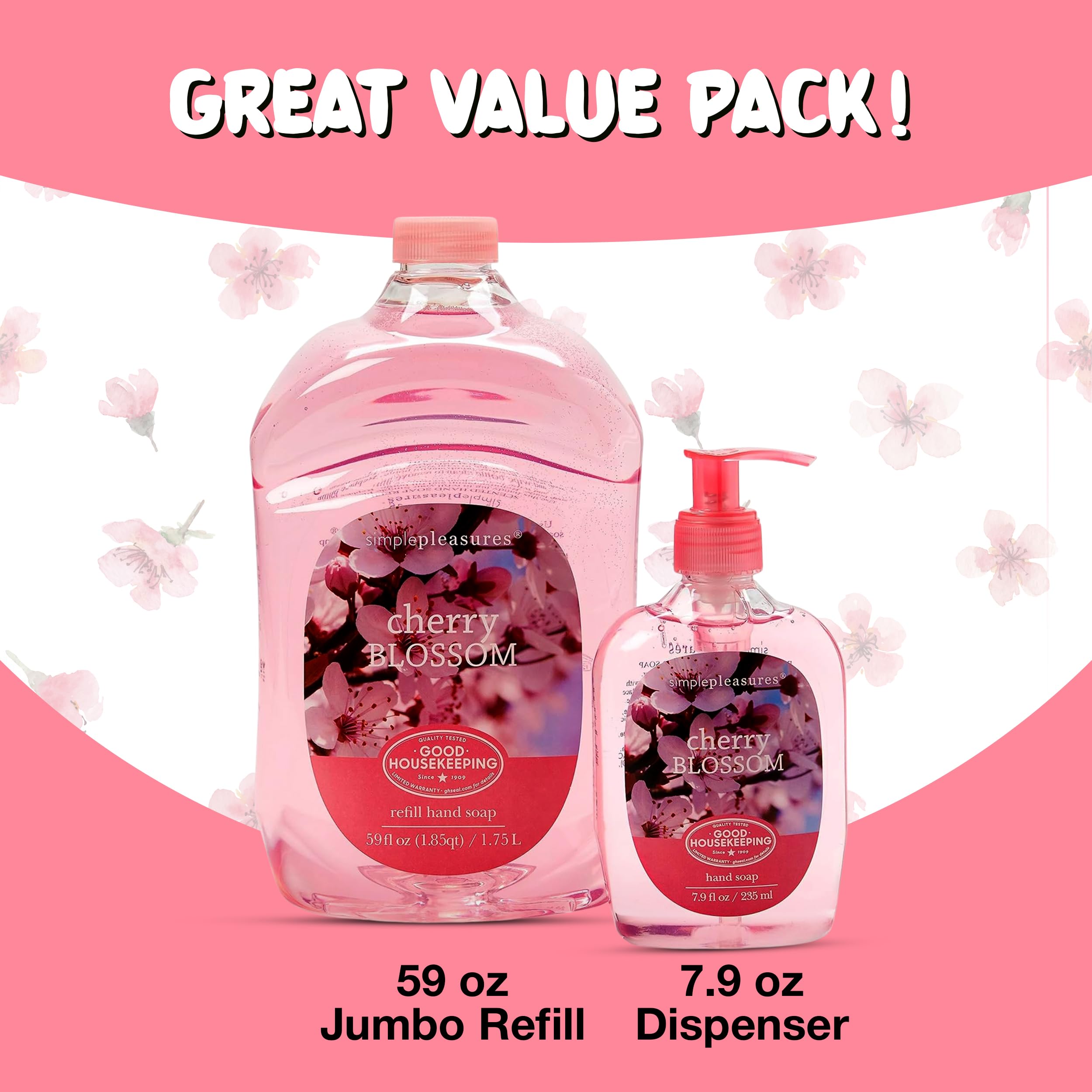 SIMPLE PLEASURES Premium Hand Soap Refills Collection - Fresh Cotton Scent, 7.9 oz Bottle with Jumbo 59 oz Refill - Goodhousekeeping Seal Approved - Multiple Scents Cotton Scented Hand Soap and Refill