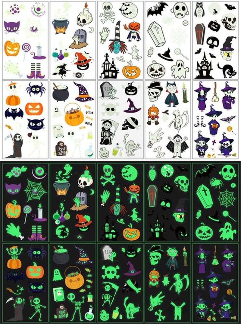 JCFIRE Halloween Temporary Tattoos for Kids, Glow in Dark Tattoos Stickers with Pumpkin Skull Ghost Monster for Halloween Party Favors Decorations, Party Games for Kids