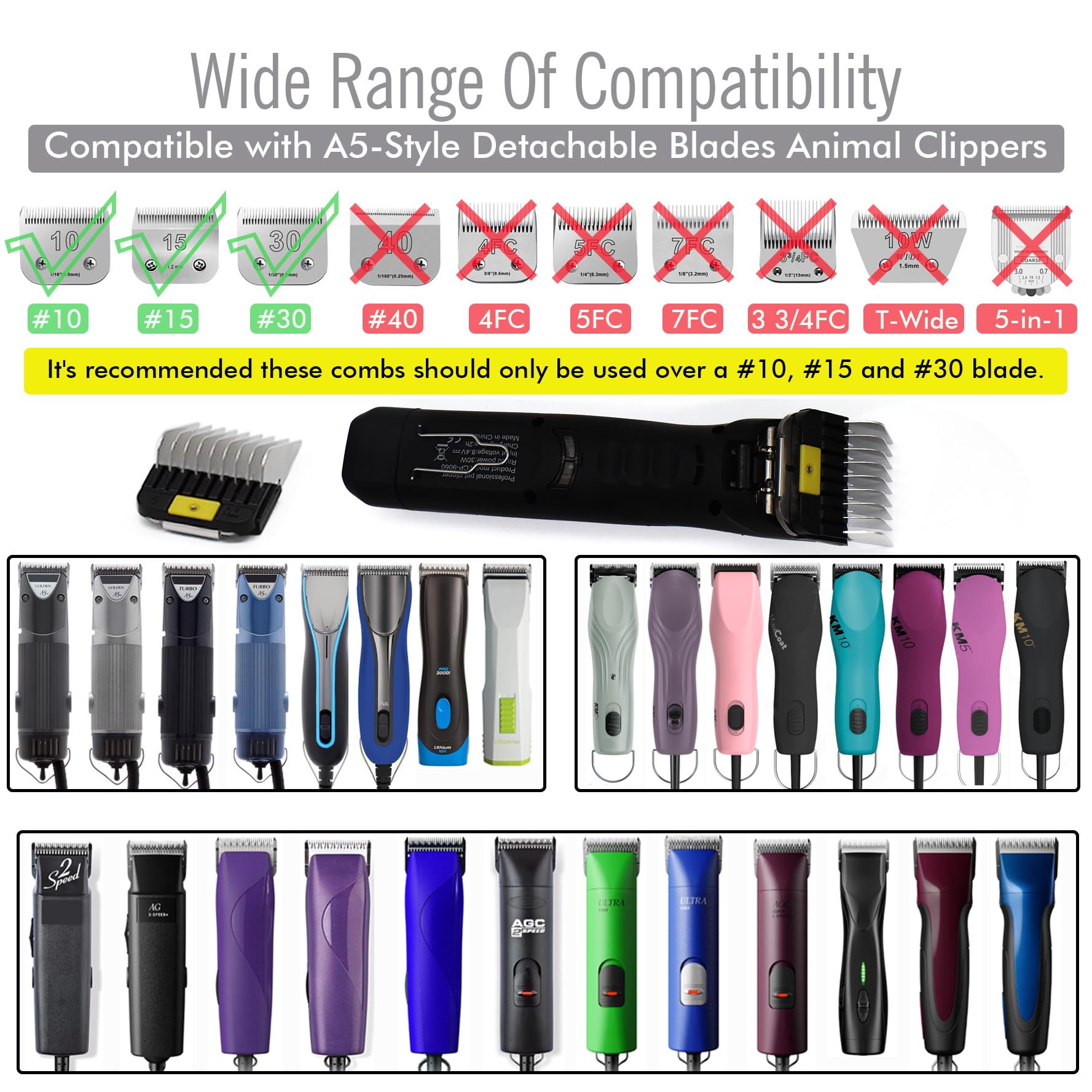 Professional A5-Style Animal Clipper Stainless Steel Color-Coded Snap-on Attachment Guard Guide Comb, 1/8"-1" Compatible with Wahl KM Series Oster A5 Andis Detachable Blade Pet Dog Groomers (#5-5/8")