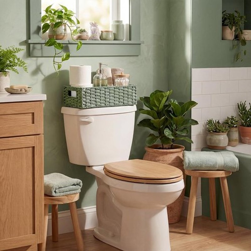 StorageWorks Small Wicker Toilet Basket - Stylish Sage Green Bathroom Organizer with Built-in Handles
