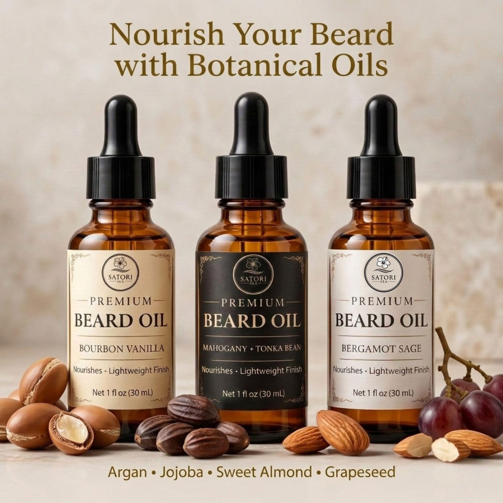 Satori Sea Beard Oil Variety Pack for Men - 3 Pack (Bourbon Vanilla, Mahogany Tonka Bean, Bergamot Sage) - Premium Beard Oil for Men - Moisturizing & Conditioning Beard Care -1 oz Bottles