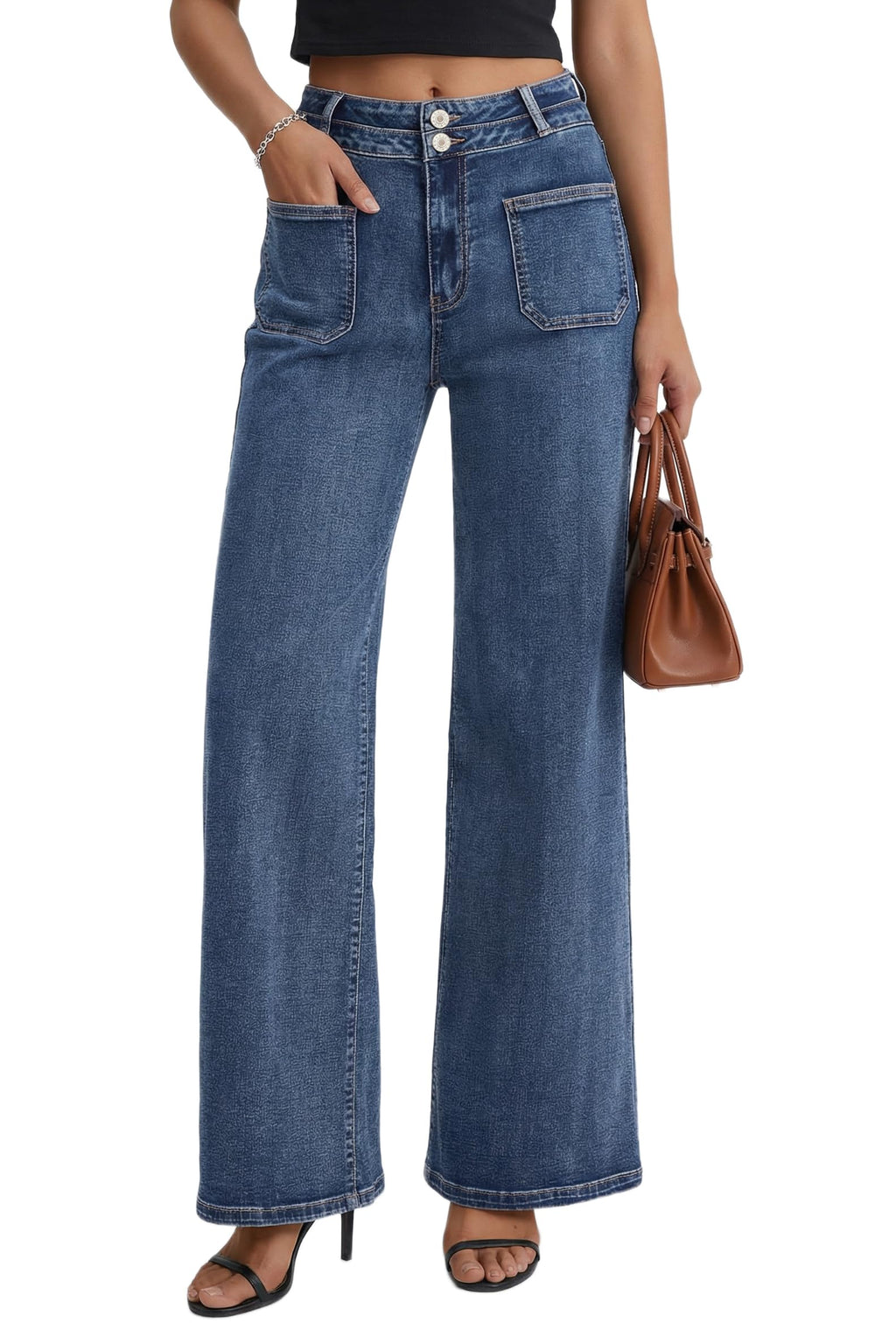 ZMTUO Women's High Waist Wide Leg Jeans Stretchy Loose Denim Pants with Two Button Detail