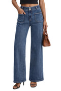 ZMTUO Women's High Waist Wide Leg Jeans Stretchy Loose Denim Pants with Two Button Detail