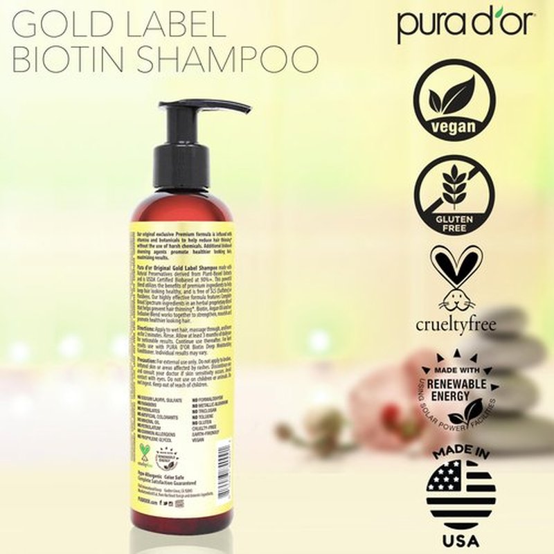 PURA D'OR 8 Oz Original Gold Label Anti-Thinning Biotin Shampoo Natural Earthy Scent, CLINICALLY TESTED Effective Results, Herbal Blend Hair Thickening Products, Women & Men, Color Treated Hair