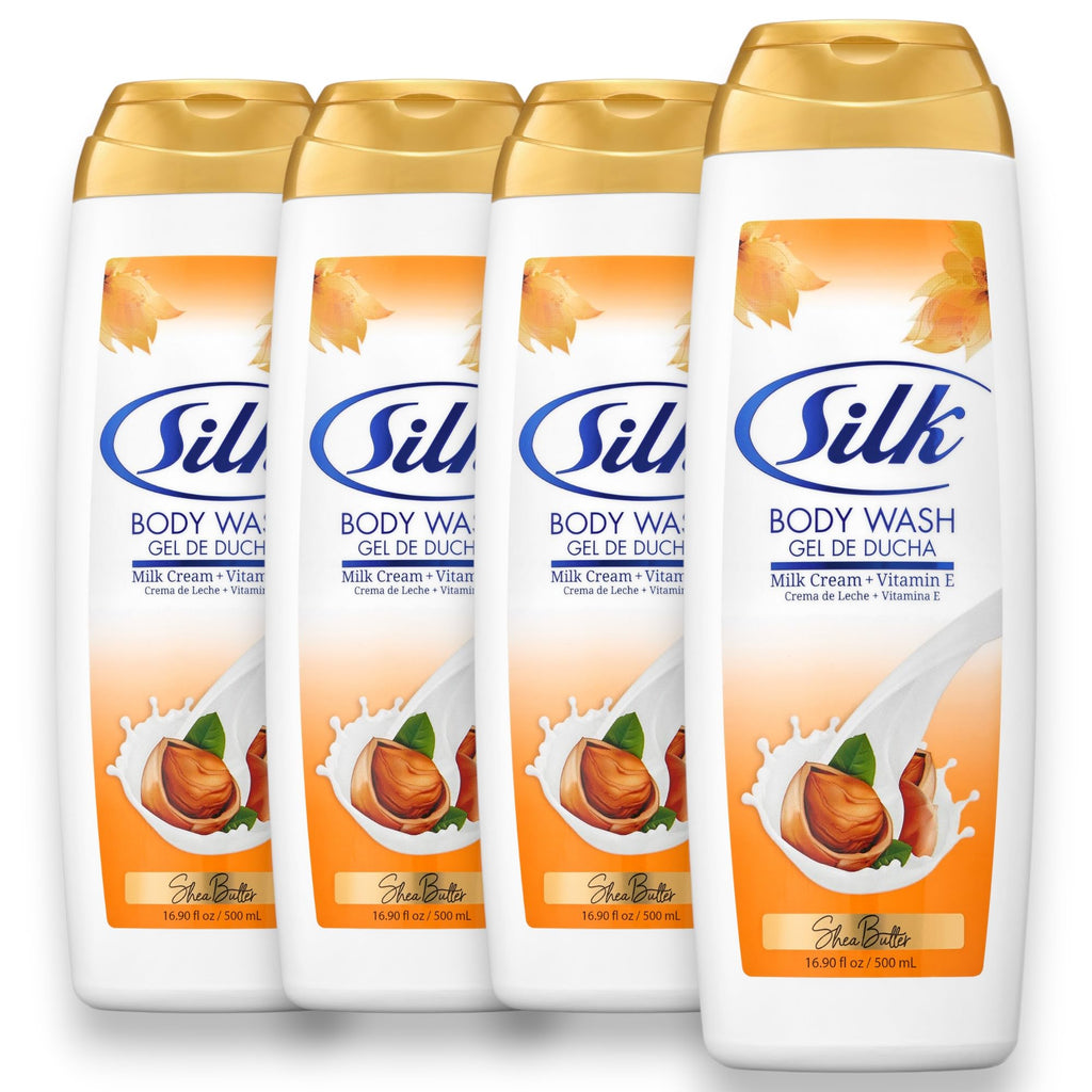 SILK Moisturizing Body Wash for Woman & Man - Daily Hydrating Shower Gel and Foaming Cleanser with Vitamin E and Glycerin, Rich Lather for Dry Skin Care, Shea Butter Scent, 16.9 Fl Oz (Pack of 4)
