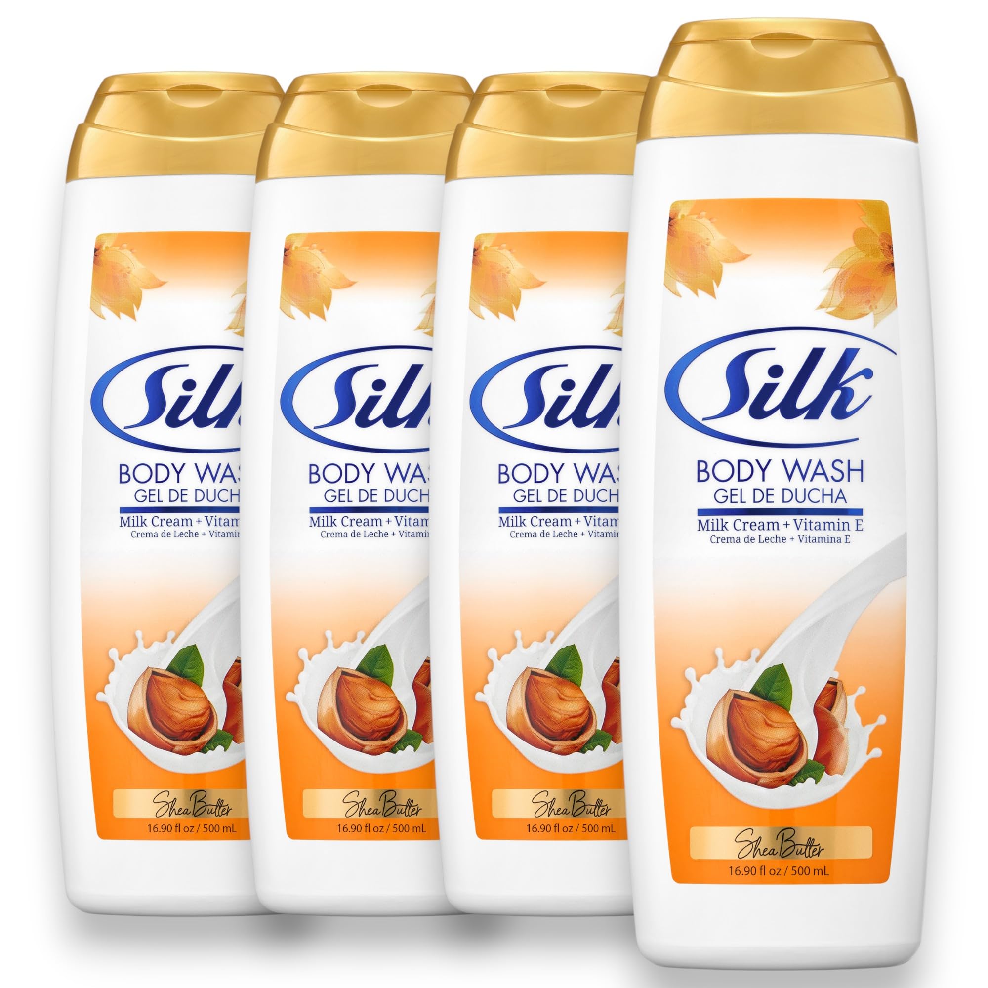 SILK Moisturizing Body Wash for Woman & Man - Daily Hydrating Shower Gel and Foaming Cleanser with Vitamin E and Glycerin, Rich Lather for Dry Skin Care, Shea Butter Scent, 16.9 Fl Oz (Pack of 4)