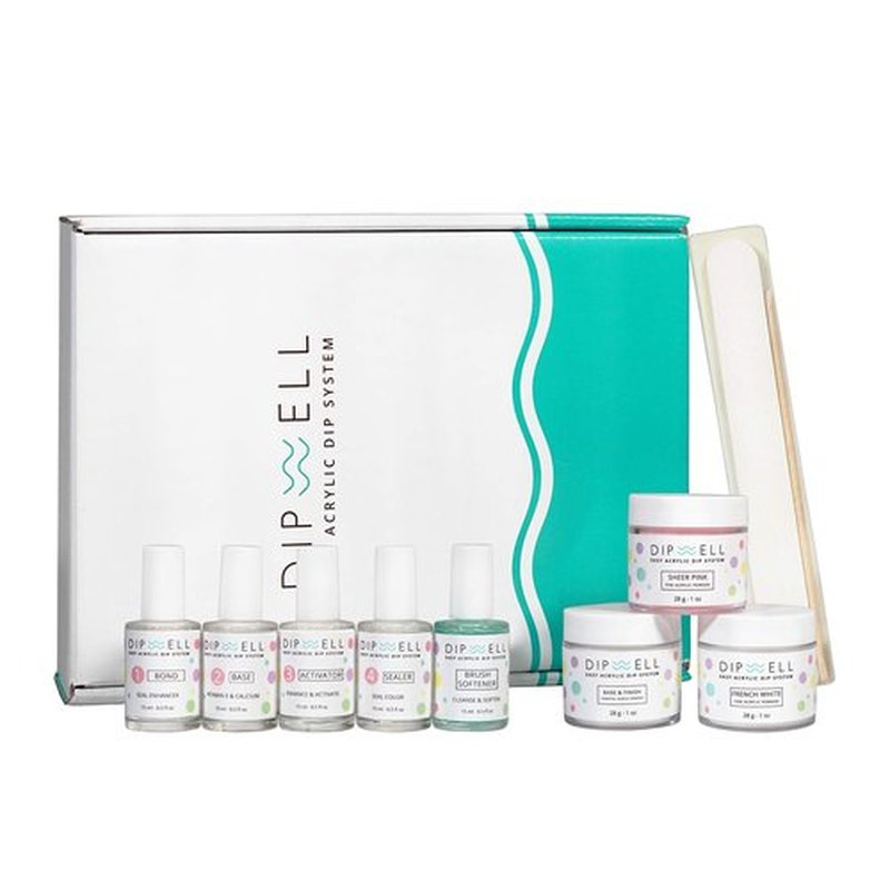 Dipping Nail Starter Kit, Easy Acrylic Powder and Gel Resin Kit For Dip, Starter System For French Set by DipWell Nails (Comes With Bond, Base, Activator, Sealer, Brush Softener + 3 Powder Jars)