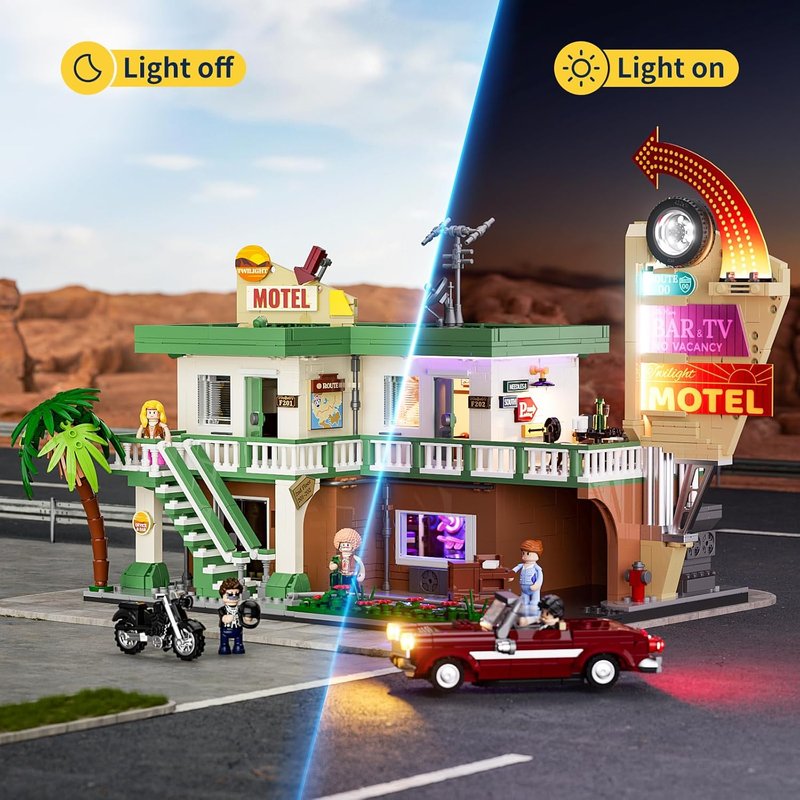 FUNWHOLE City Car Hotel Lighting Building Bricks Set - 1970 Pcs Modular Twilight Motel with LED Lights for Adults & Teens