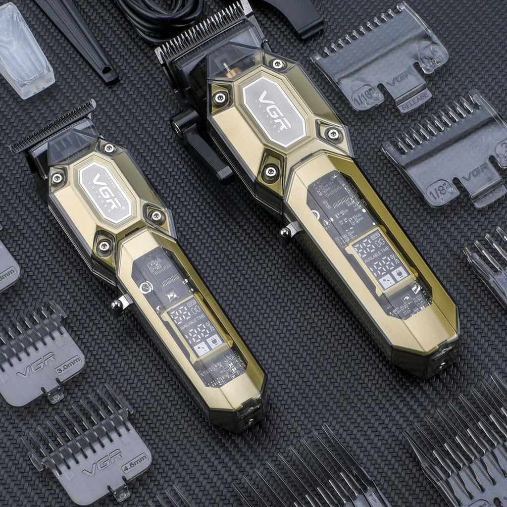 VGR 600&900 Cordless Barber Clipper Trimmer Set with LED Display, Gold