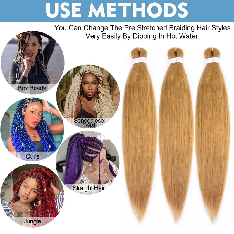 WacanDan Honey Blonde Braiding Hair Pre stretched 16 Inch 3 Packs, 27# Professional Soft Yaki Texture Long Braid Extensions, Hot Water Setting for Box Braids Twist & Crochet Braids