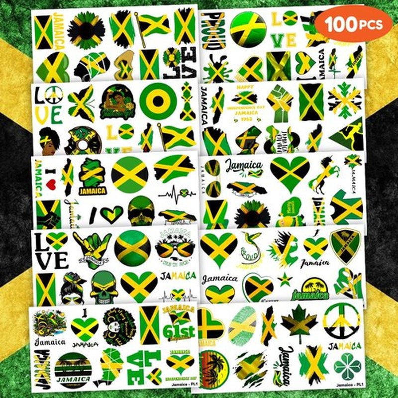 100 PCS Jamaica Flag Temporary Tattoos Themed Birthday Party Decorations Supplies Favors Decor Yellow Green Jamaican Palm Tree Tattoo Stickers Gifts For Game Kids Boys Girls Classroom School Prizes