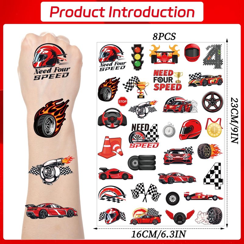 Yoyuspy Race Car Temporary Tattoos - 200+ Need Four Speed Birthday Decorations Checkered Flag Temporary Tattoo Gifts Happy 4th Birthday Decorations Boy Race Car Party Favors Supplies Prizes