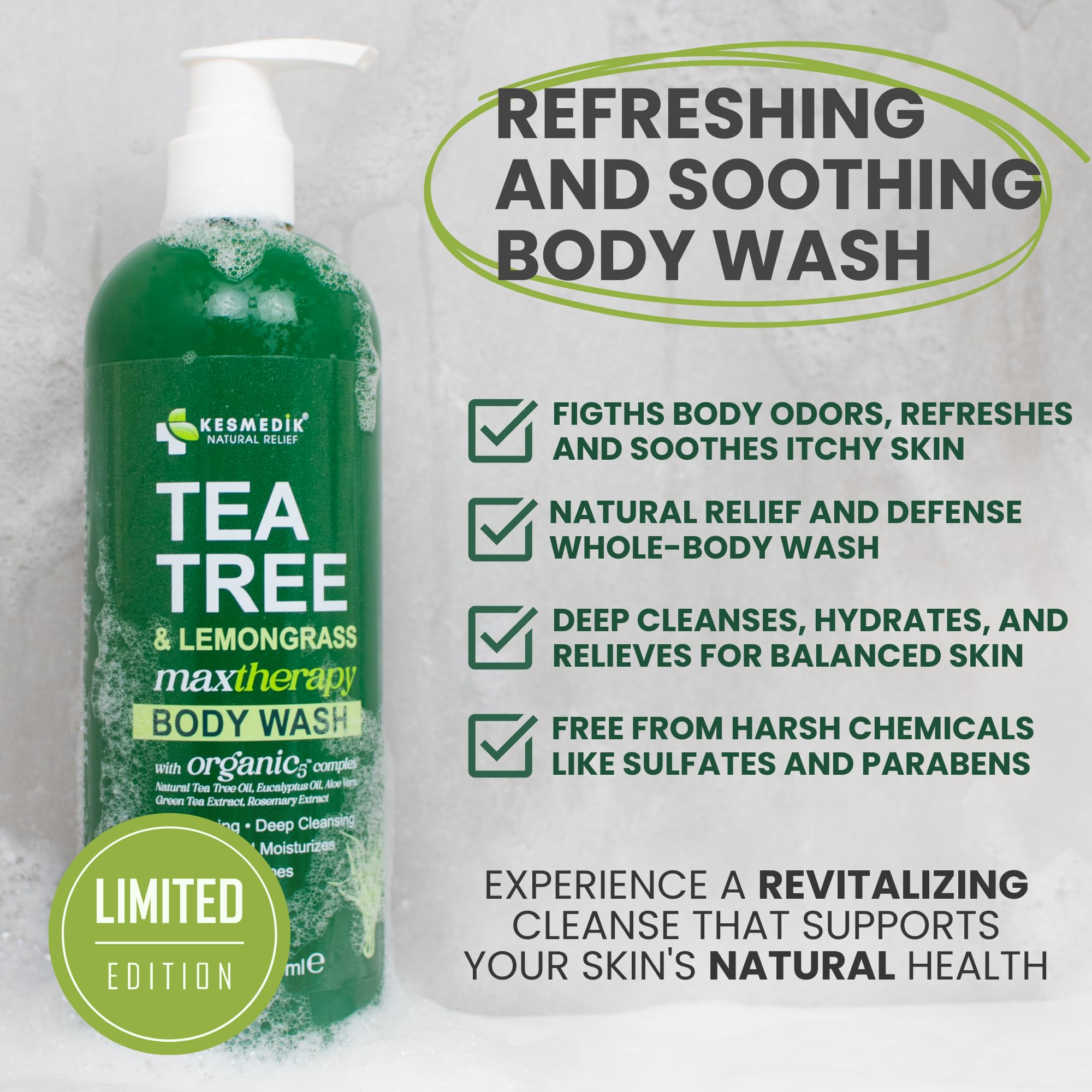 KESMEDIK Tea Tree Lemongrass Body Wash MaxTherapy, Itchy Skin Relief, Antifungal Defense, Fights Body Odor, Soothes Jock Itch & Athlete's Foot, Intimate Wash, Men & Women, 2-Pack, Limited Edition