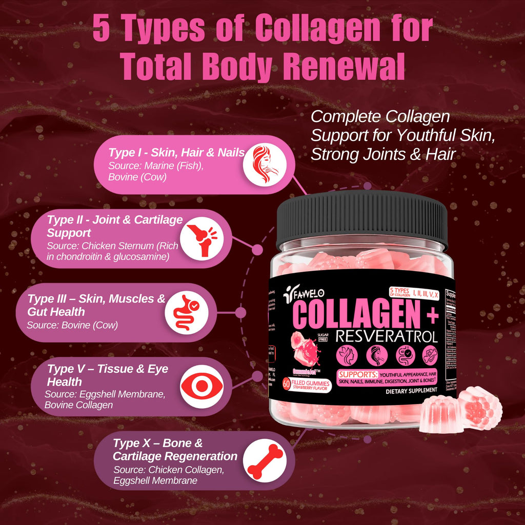Fawelo Multi Collagen Gummies Hydrolyzed Type I, II, III, V, X Plus Resveratrol Hyaluronic Acid & Biotin Gummies for Hair Skin and Nails Vitamins | Multi Collagen Peptides | Sugar Free