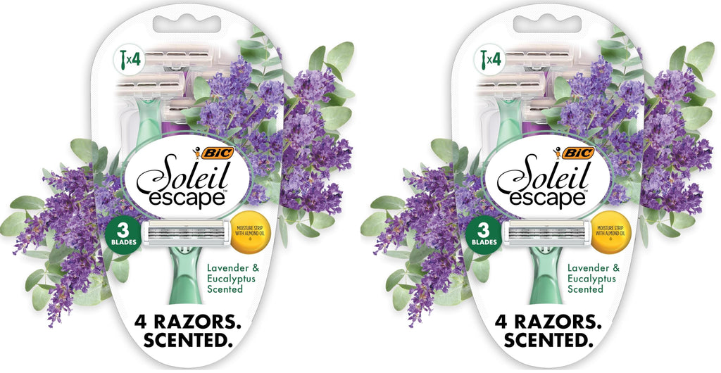 BIC Soleil Escape Scented Women's Disposable Razors, 3 Blades, Comfortable Shave, Lavender & Eucalyptus Scented Handle Shaving Razors for Women, 4 Count (Pack of 2)
