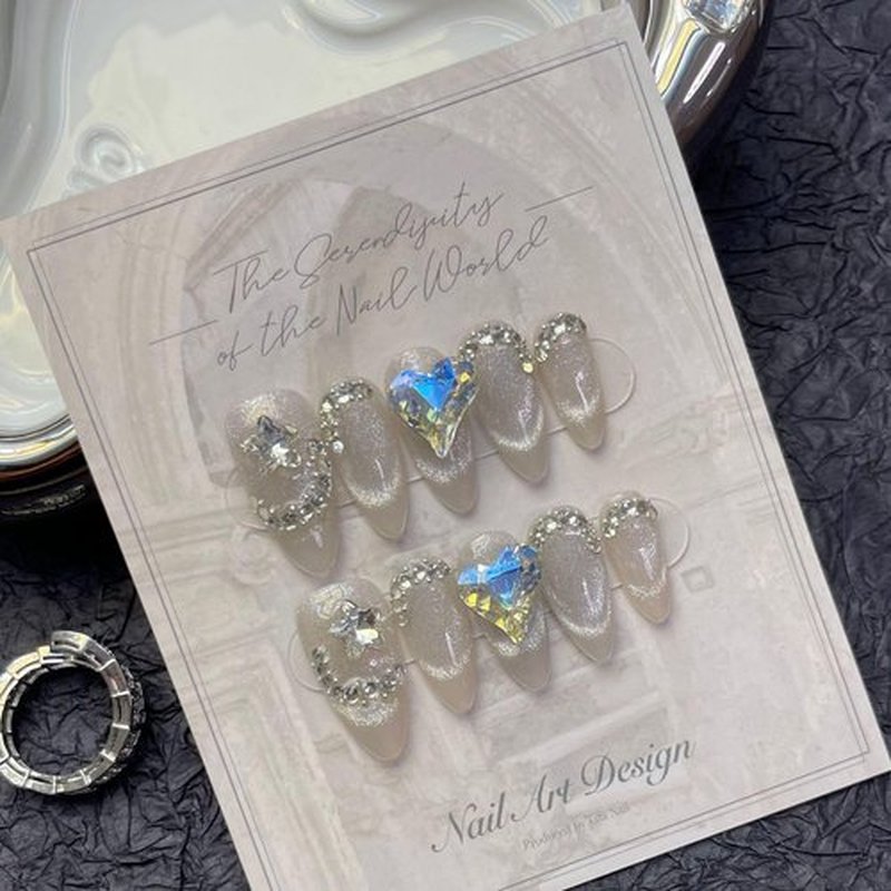 JIEADJIE Press On Nails (100% Handmade),Almonds, Droplet Shaped,Handmade Painted Nail Art by Nail Technician,Daily Version (Heart almond cat's eye, Medium)