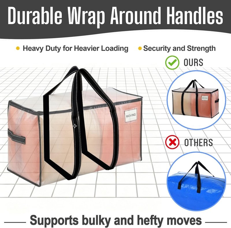 VENO Clear Moving Bags - 90L Extra Large Transparent Storage Totes | Heavy-Duty, Reinforced Handles & Zippers