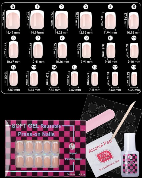 SUPNAIL Press on Nails,French tip Short Square, 19 Sizes, 38 Pieces,Fake Nails with Brush-on Glue & Adhesive Tabs (Classic French)