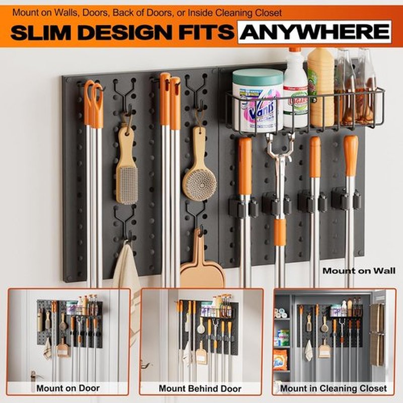 Skiennix Broom Holder Wall Mount - Durable Peg Board Organizer with Mop Hanger and Hooks for Laundry Room Storage