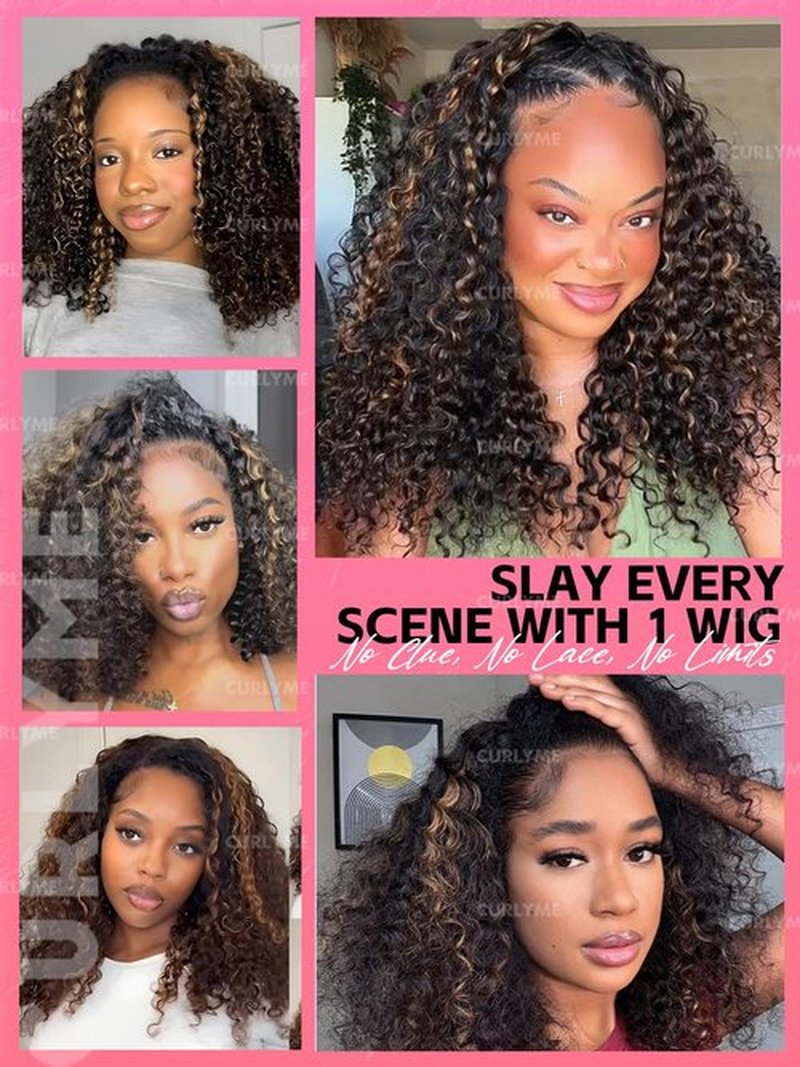 Curlyme Ombre Honey Blonde Kinky Curly Half Wig Human Wear and Go Glueless Install Flexible Fit 3 In 1 2/30 Color Half Wig Flip Over Invisible Hairline 18 Inch