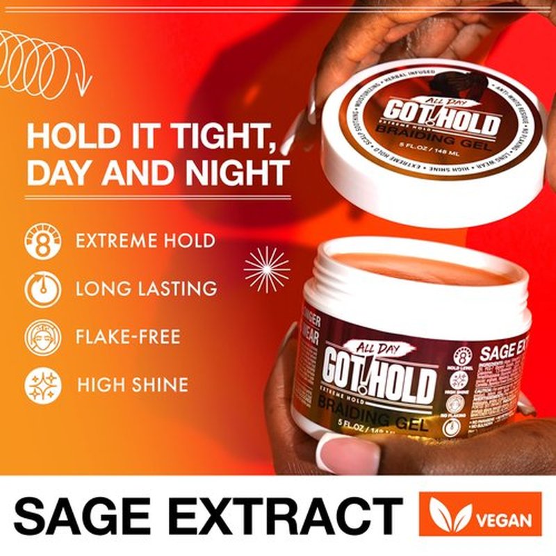 ALL DAY GOT HOLD Braiding Gel for Natural Hair Extreme Hold, Hydrating & Frizz-Free, Sage Extract, No Flaking or Drying, High Shine for Braids, Twists, Cornrows, 5oz