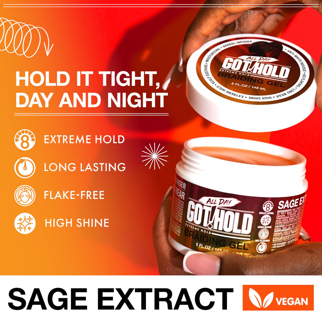 ALL DAY GOT HOLD Braiding Gel for Natural Hair Extreme Hold, Hydrating & Frizz-Free, Sage Extract, No Flaking or Drying, High Shine for Braids, Twists, Cornrows, 5oz