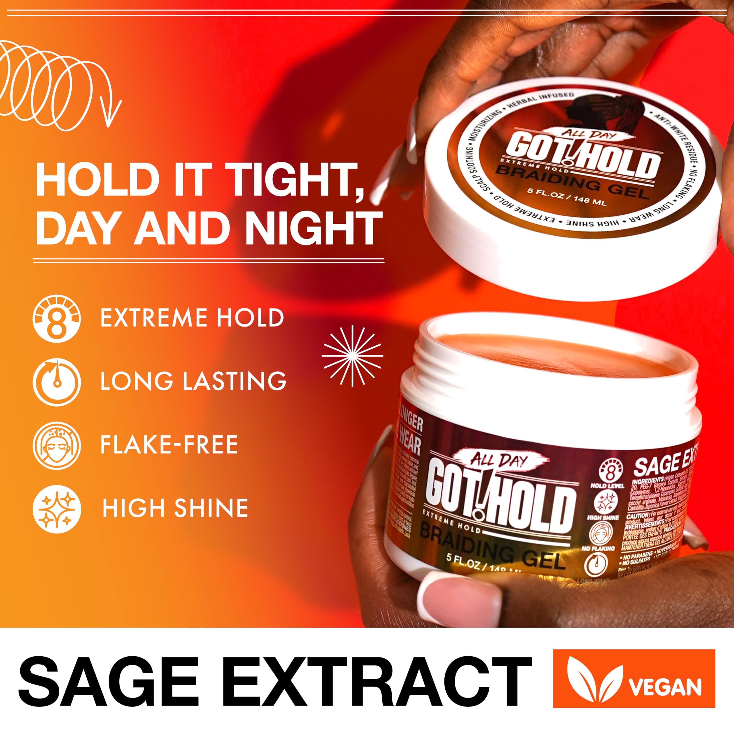 ALL DAY GOT HOLD Braiding Gel for Natural Hair Extreme Hold, Hydrating & Frizz-Free, Sage Extract, No Flaking or Drying, High Shine for Braids, Twists, Cornrows, 5oz