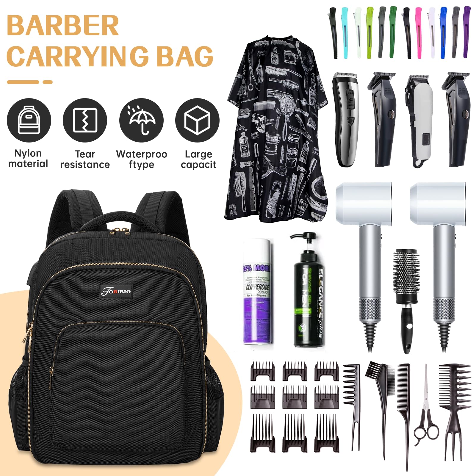 TORIBIO Barber Supplies Bag for Clippers and Supplies, Hairstylist Clipper Portable Backpack for Barber Tools with USB Port (Black + Gold)