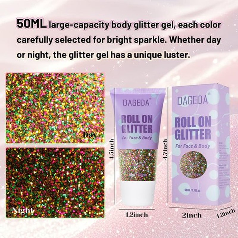 DAGEDA Mardi Gras Roll-on Body Glitter,Holographic Face Hair Glitter Gel for Mardi Gras Accessories,Green Purple Gold Sequins Body Shimmer Makeup Carnival Outfits Accessories for Women 50ml